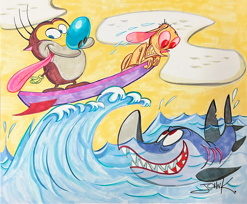 Cat and Dog Surfing (Original Artwork)
